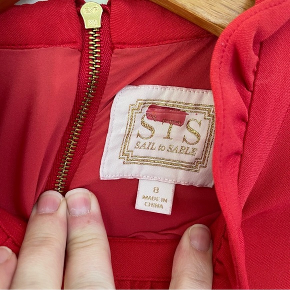 Sail to Sable Red Ruffle Maternity Dress Long Sleeve Waist Tie size 8 Crew Neck - Picture 9 of 10